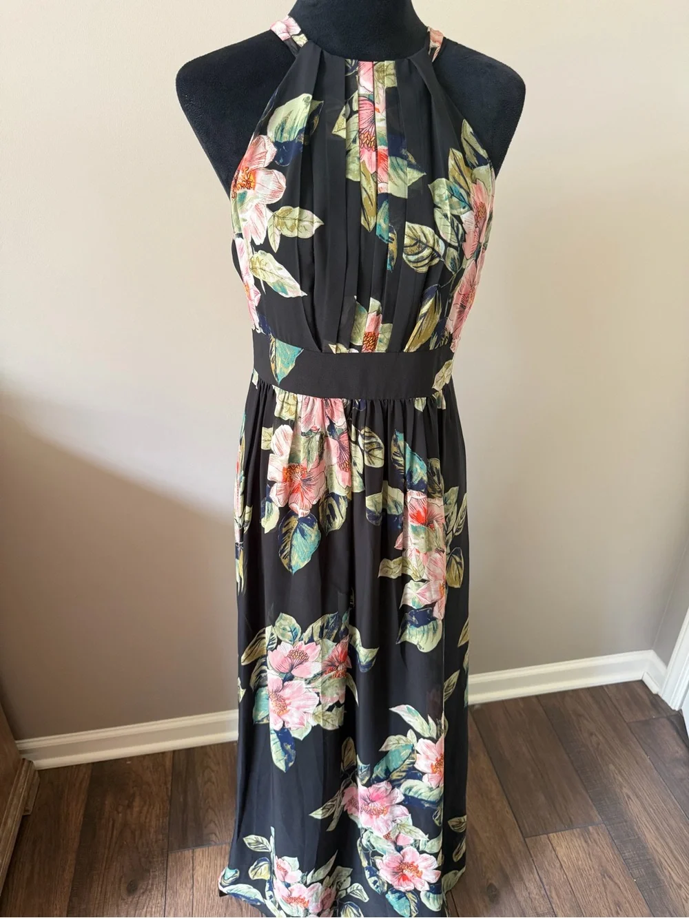 INC International Concepts Floral Halter Maxi Dress Black Pink Floral Size 10